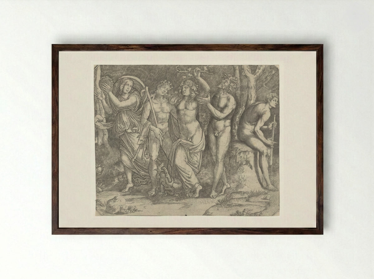 Bacchus with Bacchanals and a Maenad with a Tambourine - Giacomo Francia - Framed Print Dark Wood