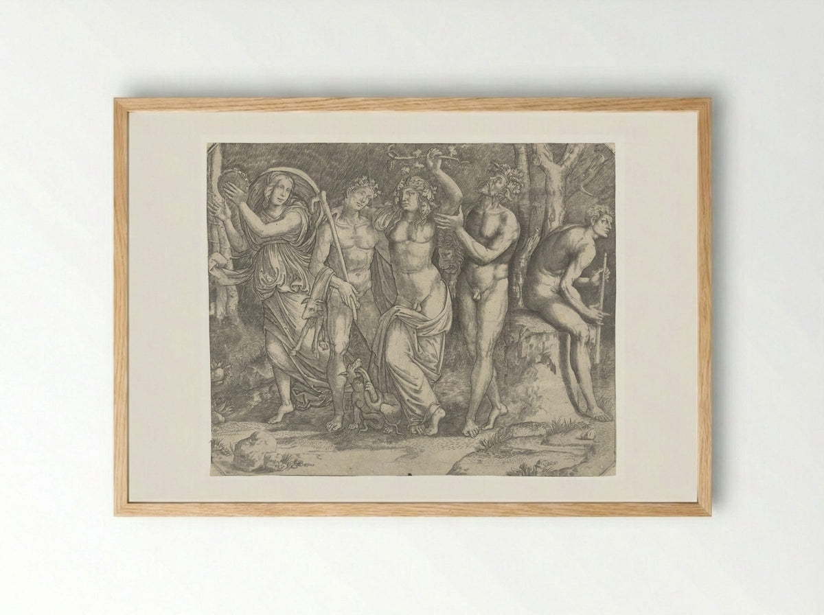 Bacchus with Bacchanals and a Maenad with a Tambourine - Giacomo Francia - Framed Print Wood