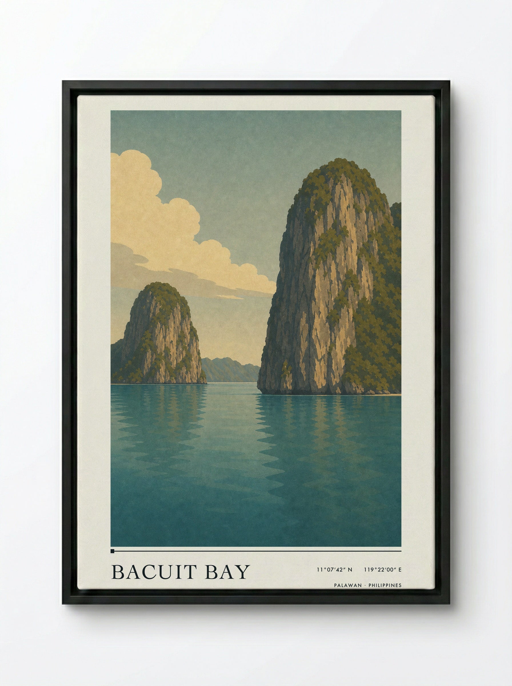 Bacuit Bay Travel Poster Artwork - Framed Canvas Black