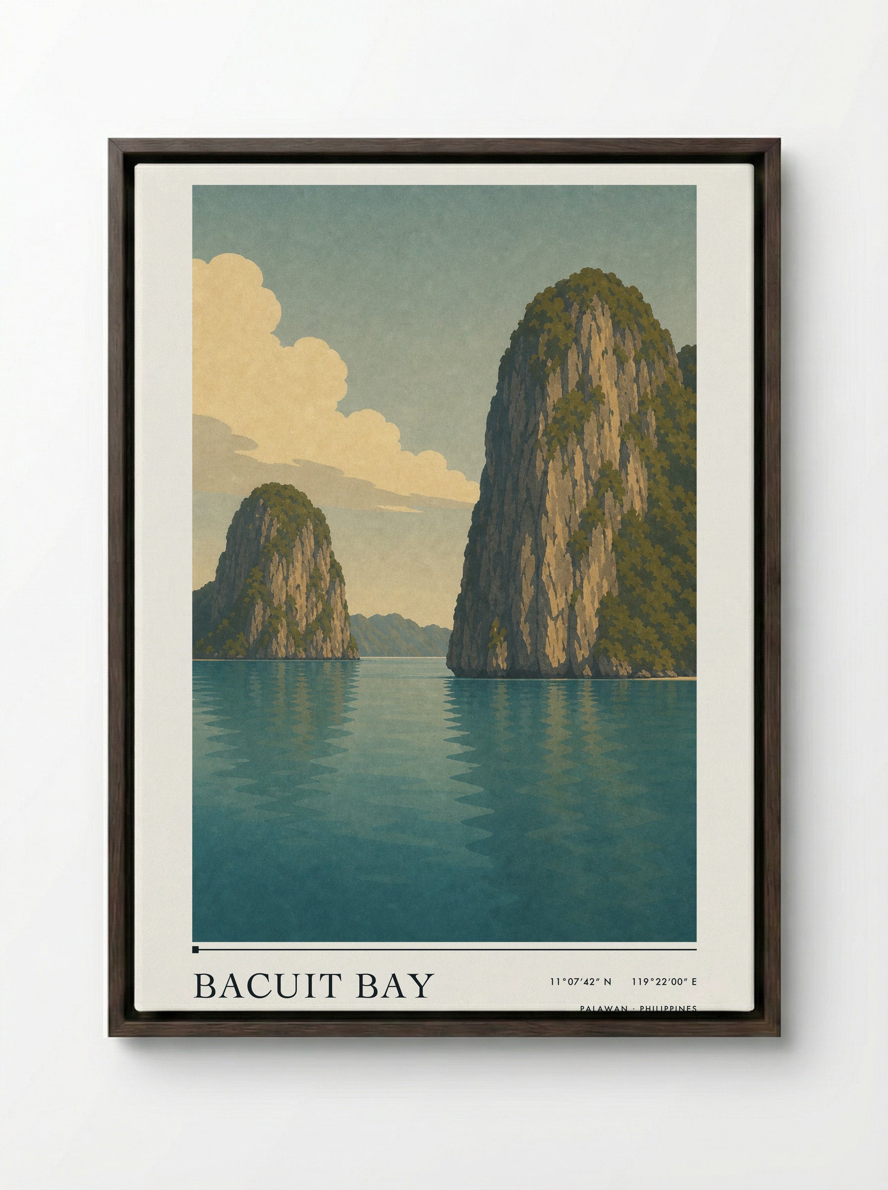 Bacuit Bay Travel Poster Artwork - Framed Canvas Dark Wood