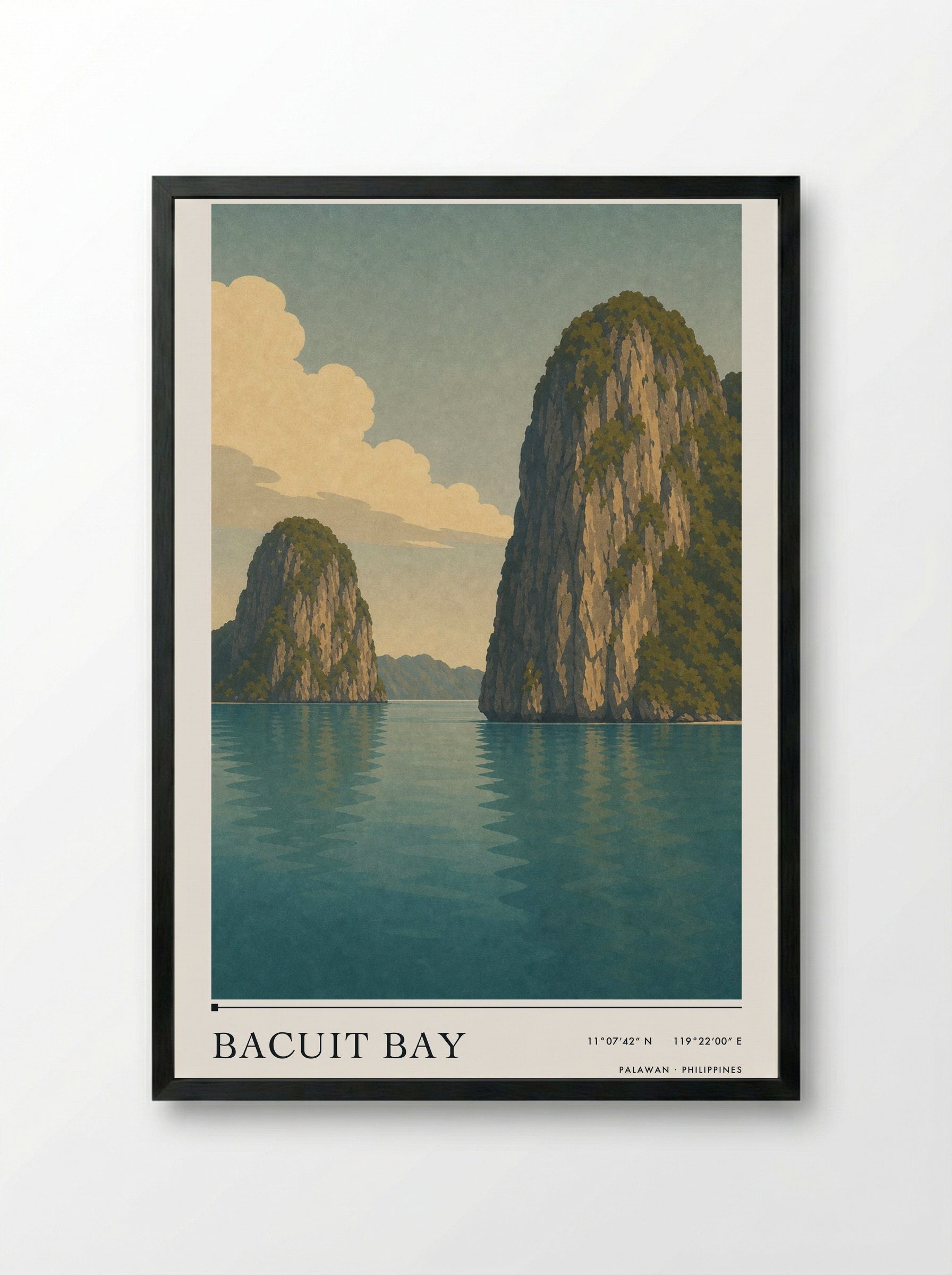 Bacuit Bay Travel Poster Artwork - Framed Print Black