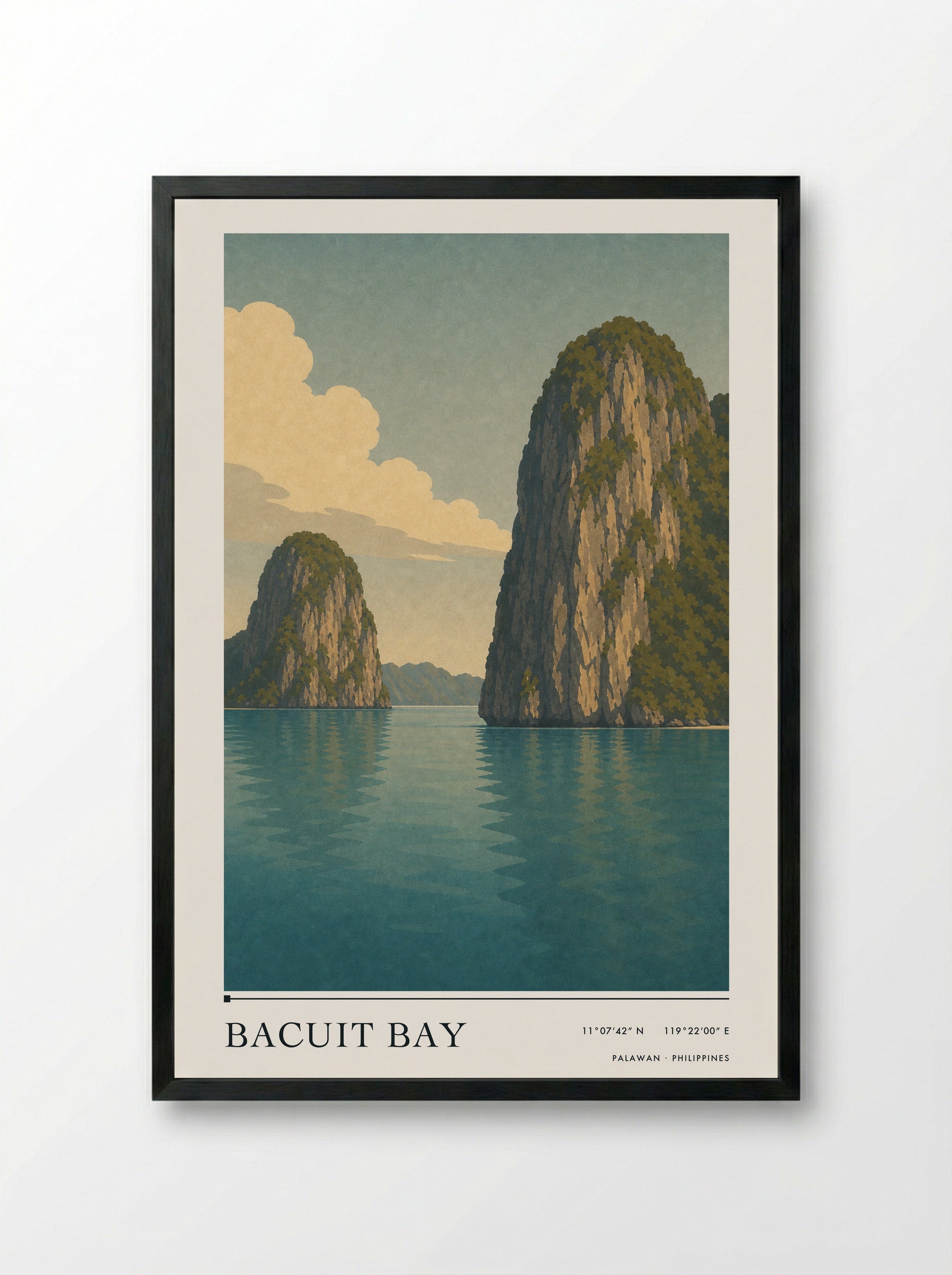 Bacuit Bay Travel Poster Artwork - Framed Print Black