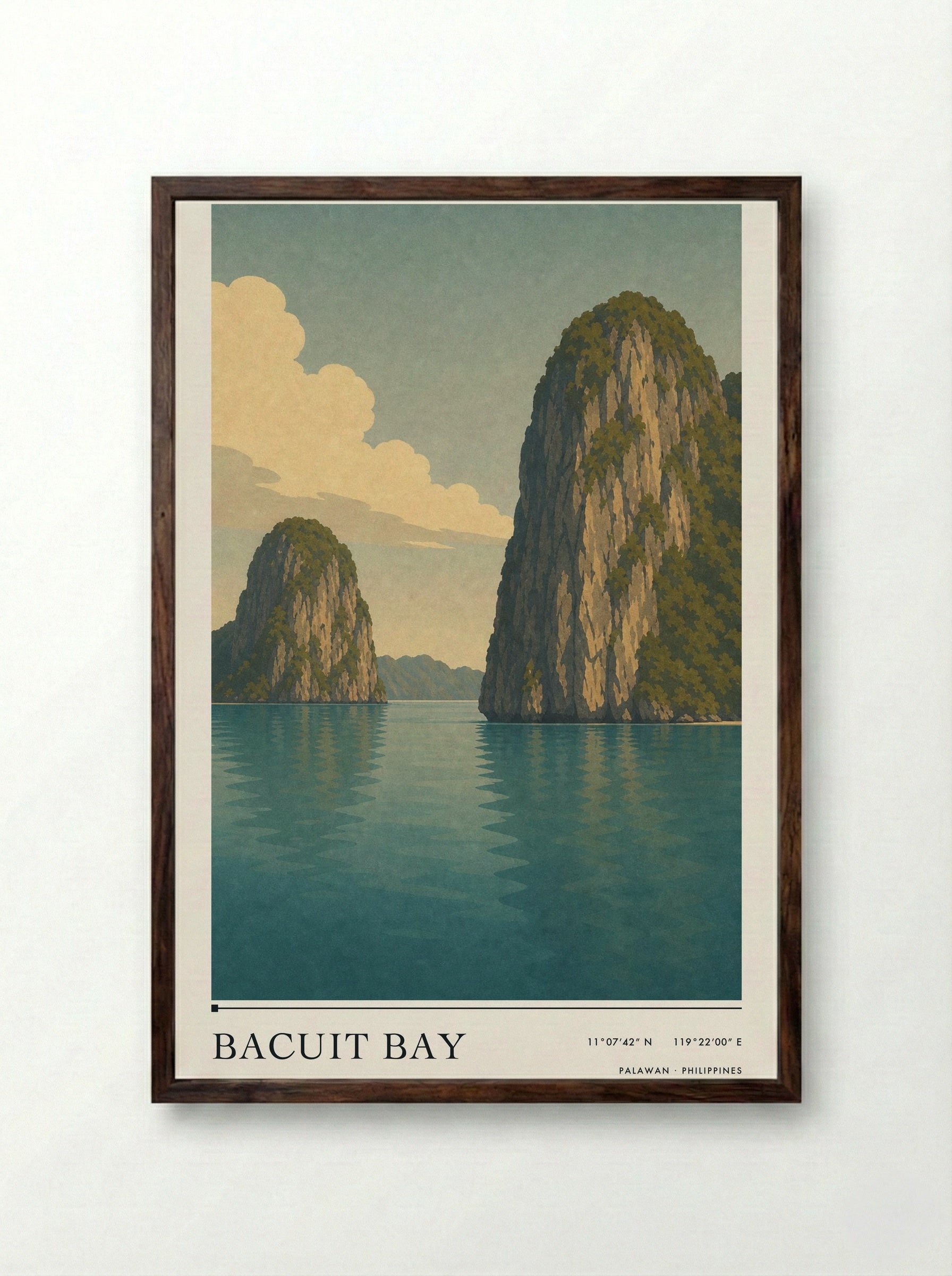 Bacuit Bay Travel Poster Artwork - Framed Print Dark Wood