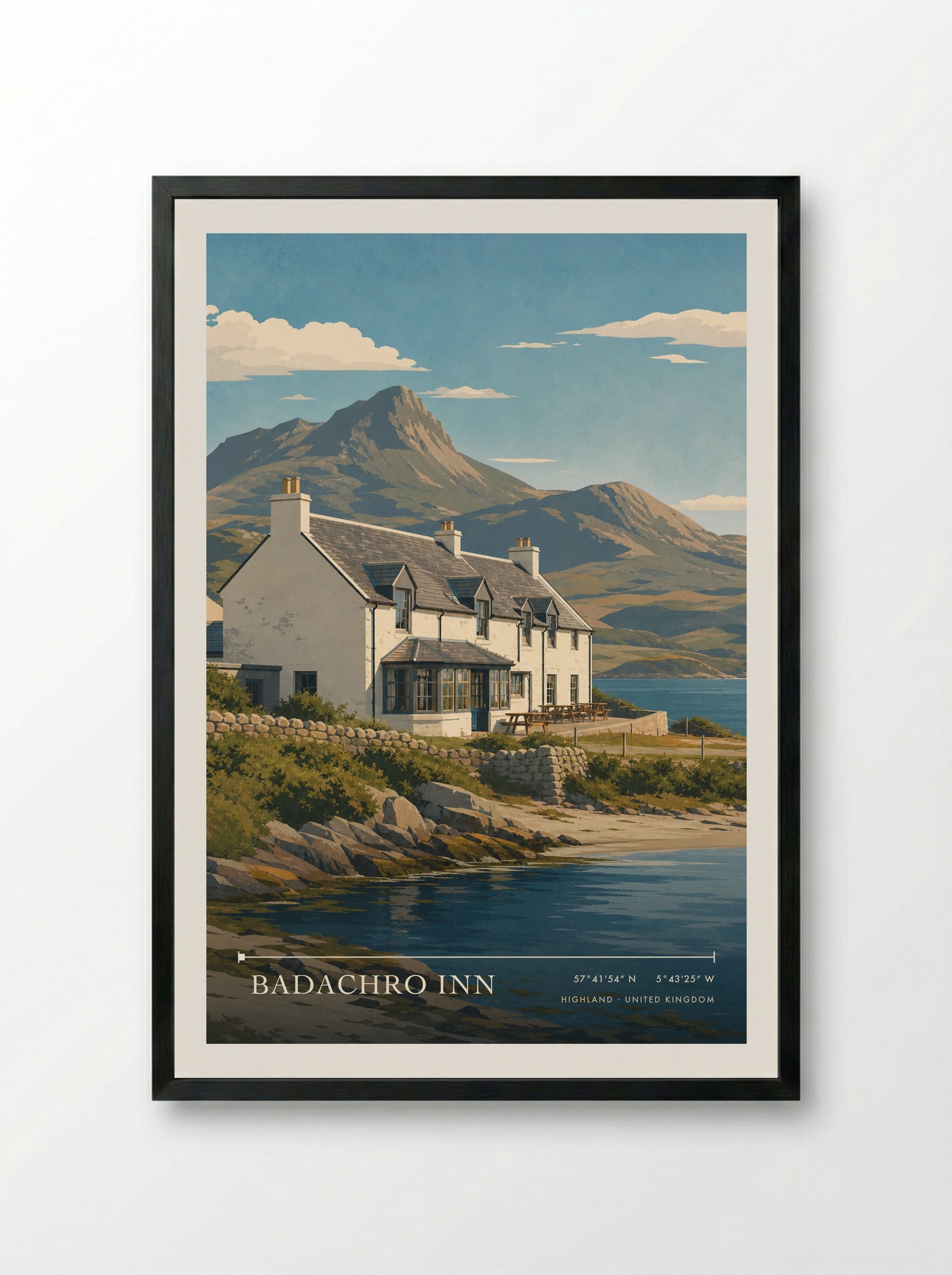 Badachro Inn Highland United Kingdom Travel Poster - Framed Print Black