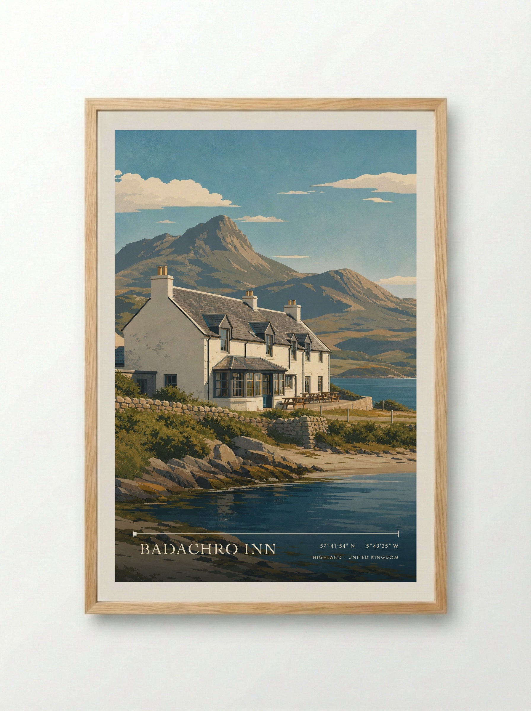 Badachro Inn Highland United Kingdom Travel Poster - Framed Print Wood