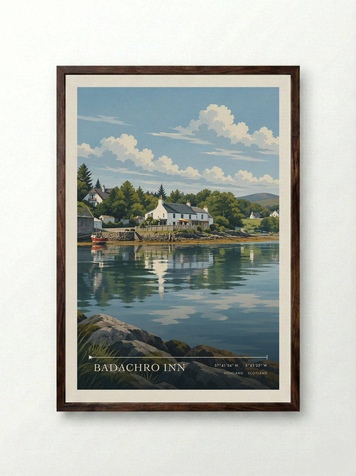 Badachro Inn, Highland | Travel Poster - Framed Print Dark Wood