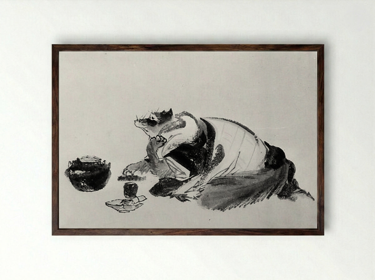 Badger (Tanuki) - Hokusai School - Framed Print Dark Wood