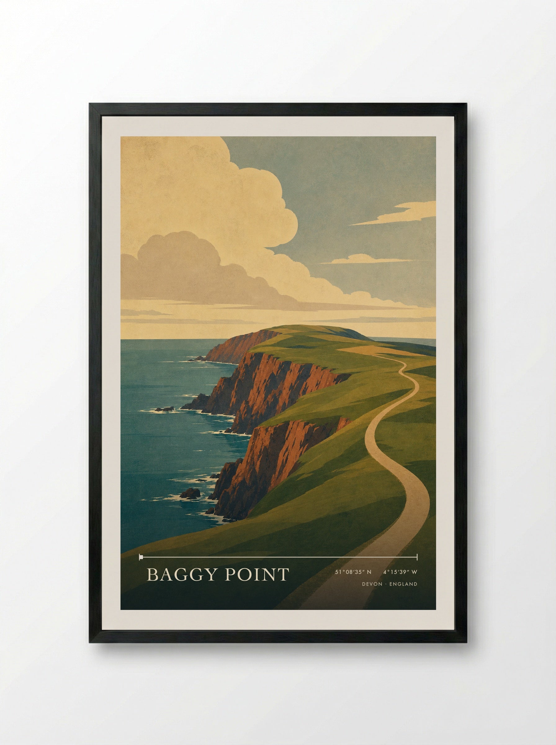 Baggy Point Devon England Travel Poster - Framed Print Black
