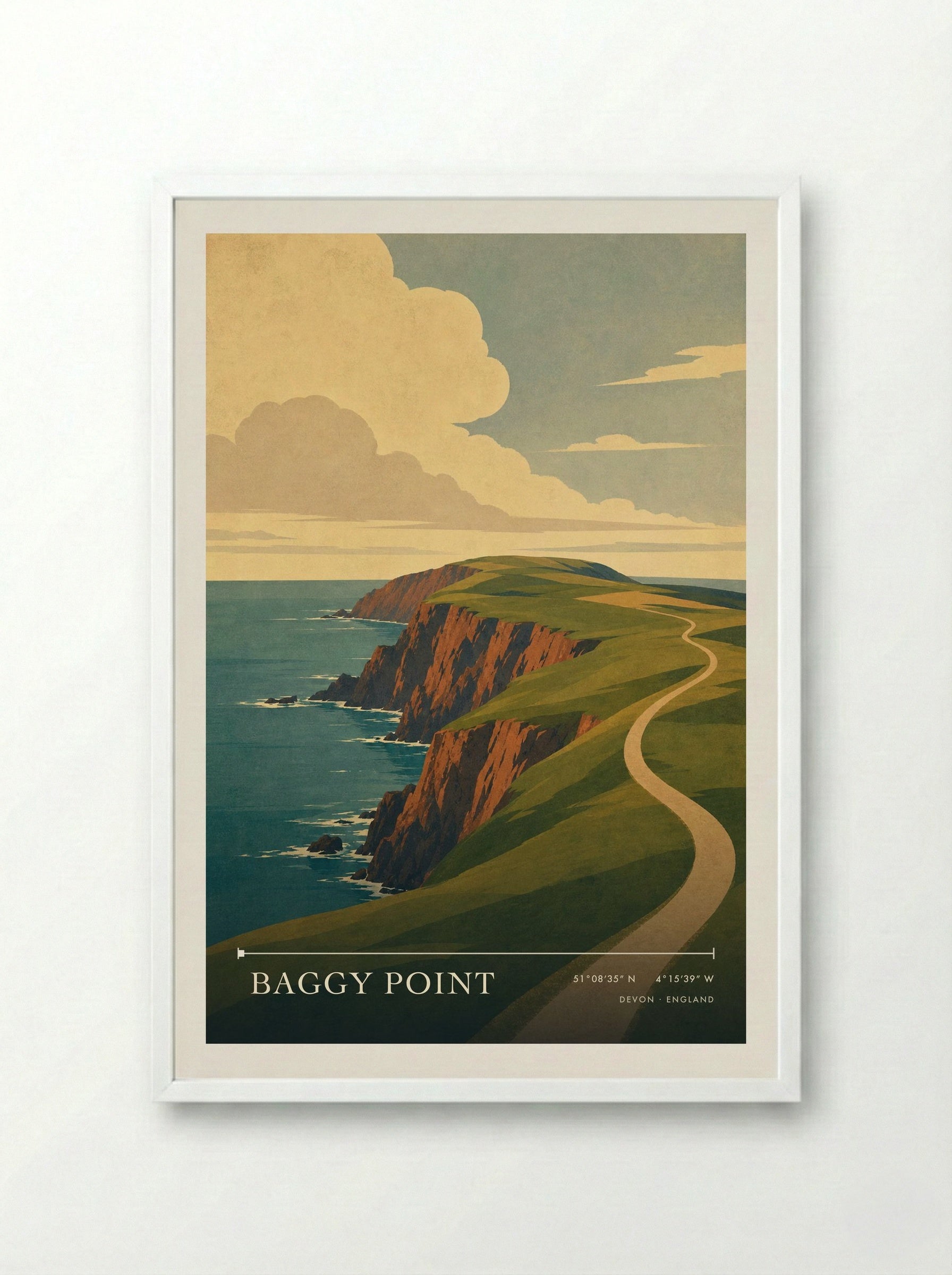 Baggy Point Devon England Travel Poster - Framed Print White