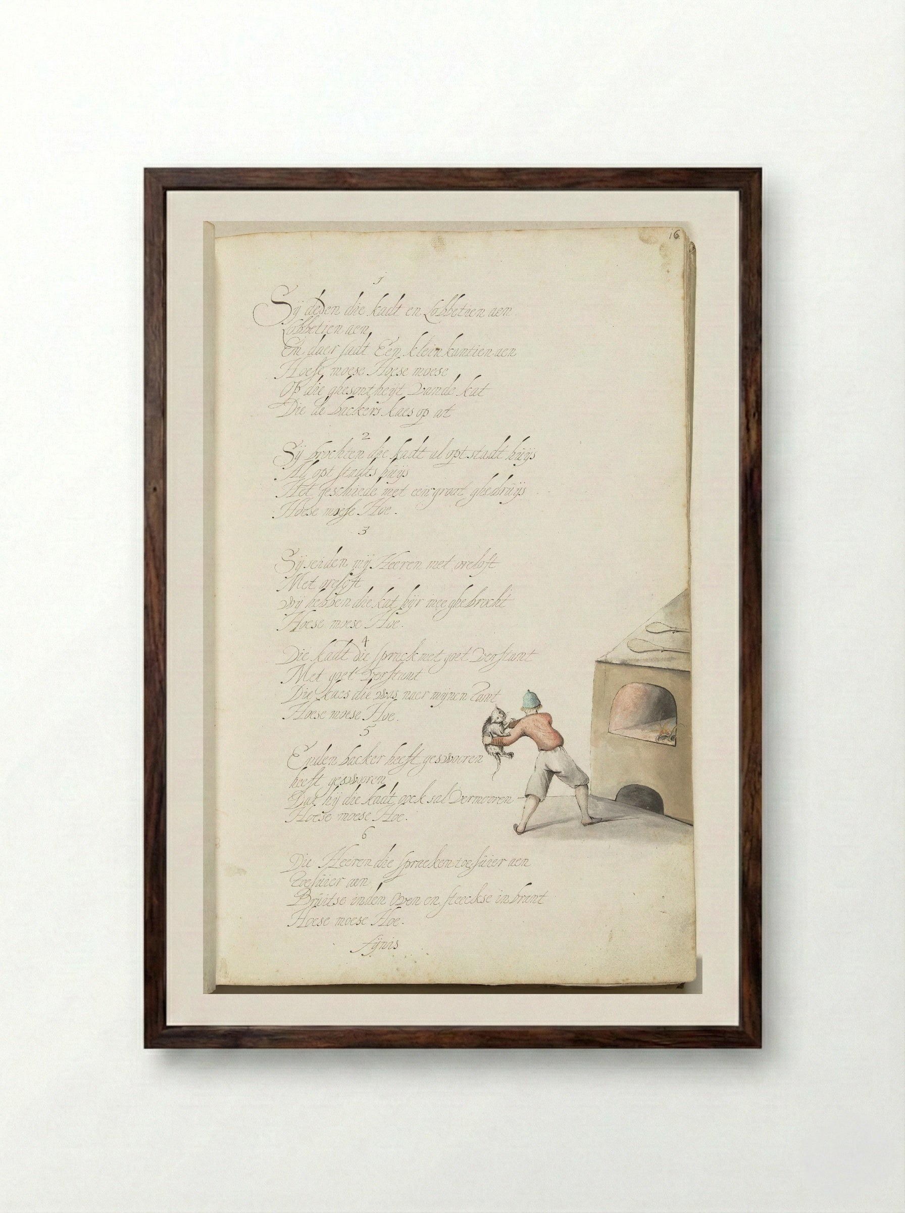 Bakker die een kat in een oven gooit - Gesina ter Borch - Framed Print Dark Wood
