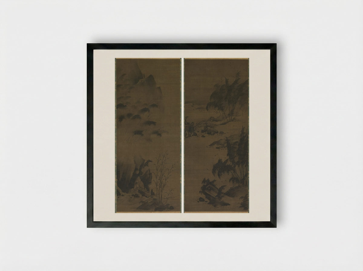 Bamboo in Rain; Bamboo in Wind - Genga - Framed Print Black