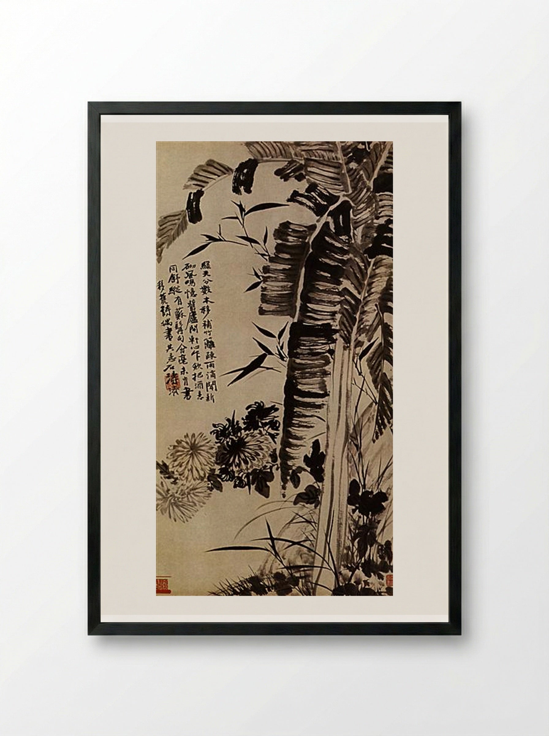 Banana, Bamboo, Chrysanthemums, and Orchids - Shitao - Framed Print Black