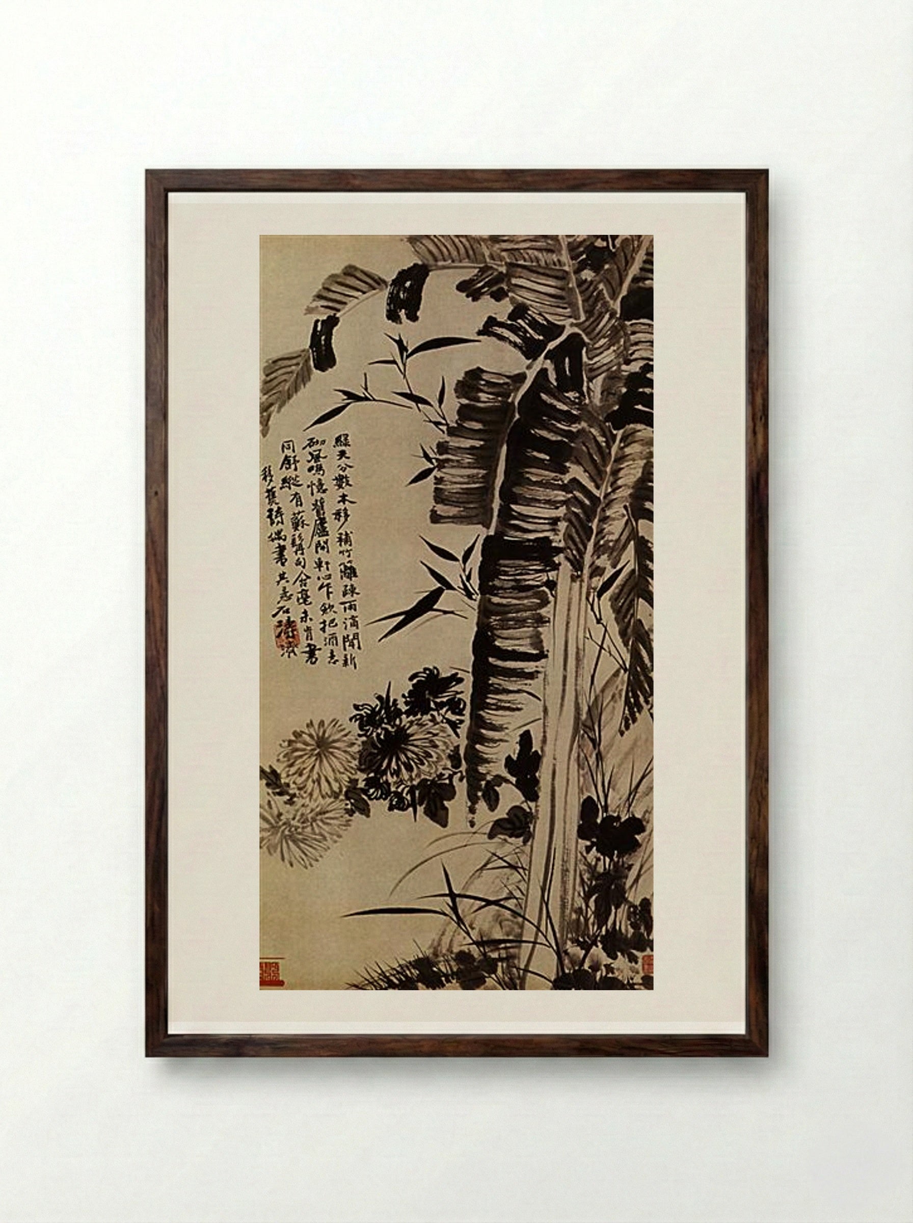 Banana, Bamboo, Chrysanthemums, and Orchids - Shitao - Framed Print Dark Wood