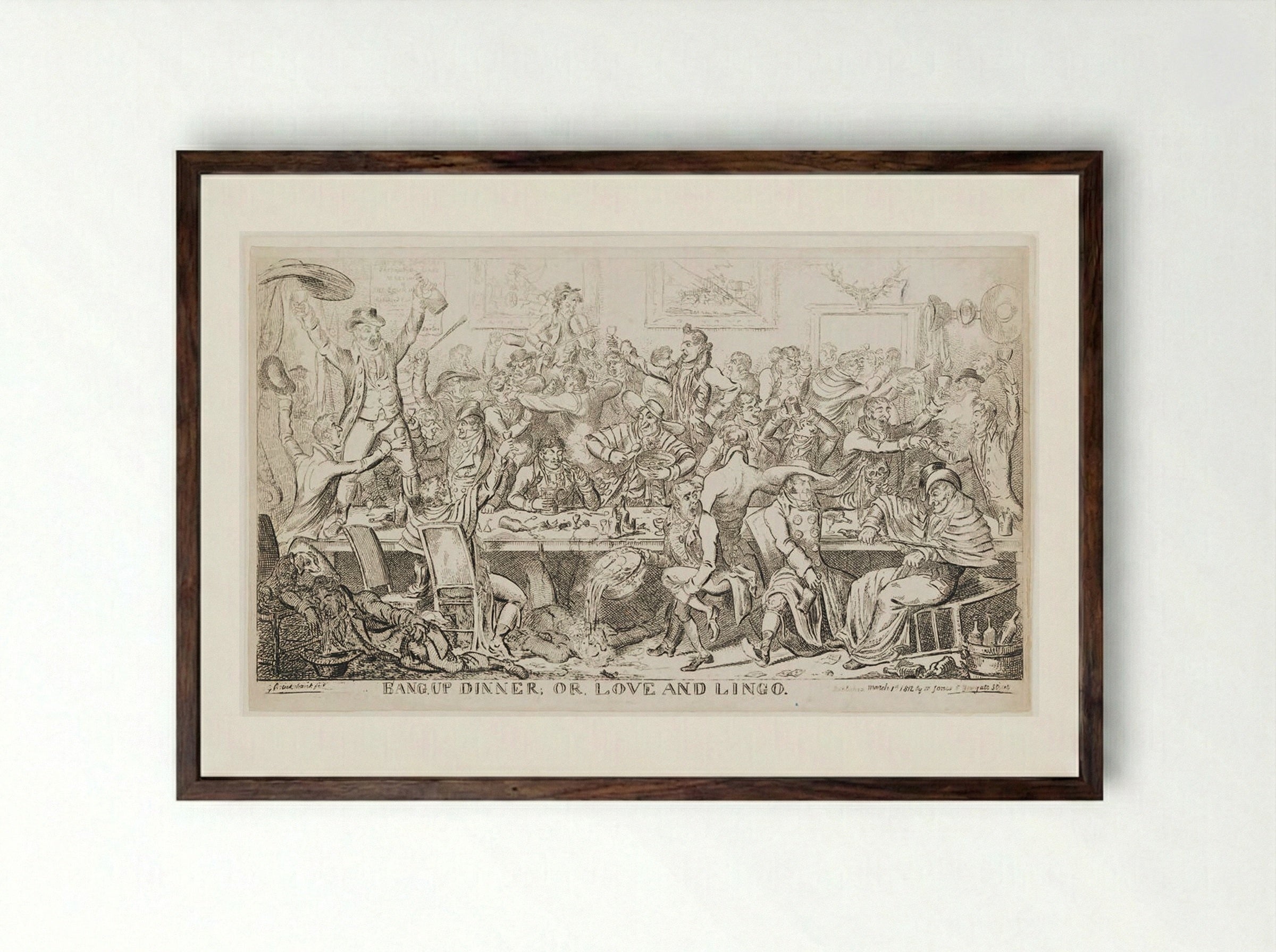 Bang Up Dinner, Or, Love and Lingo - George Cruikshank - Framed Print Dark Wood