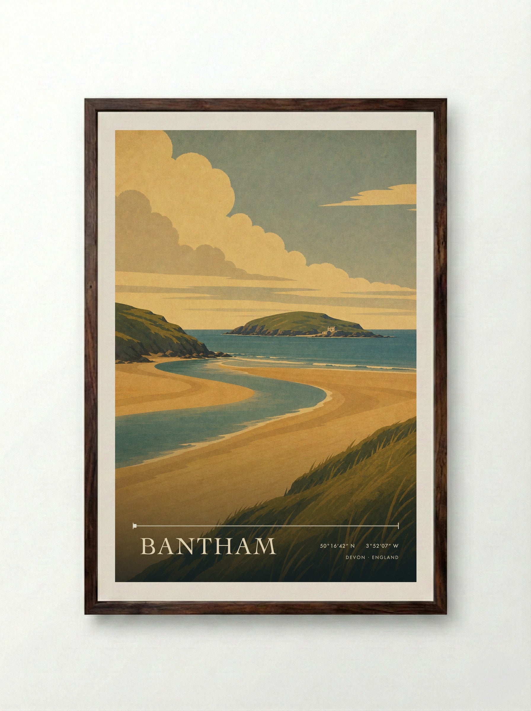Bantham Devon England Travel Poster - Framed Print Dark Wood
