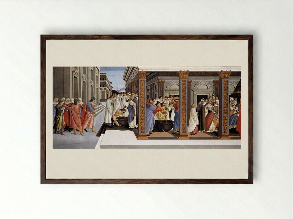 Baptism of St Zenobius and His Appointment as Bishop - Sandro Botticelli - Framed Print Dark Wood