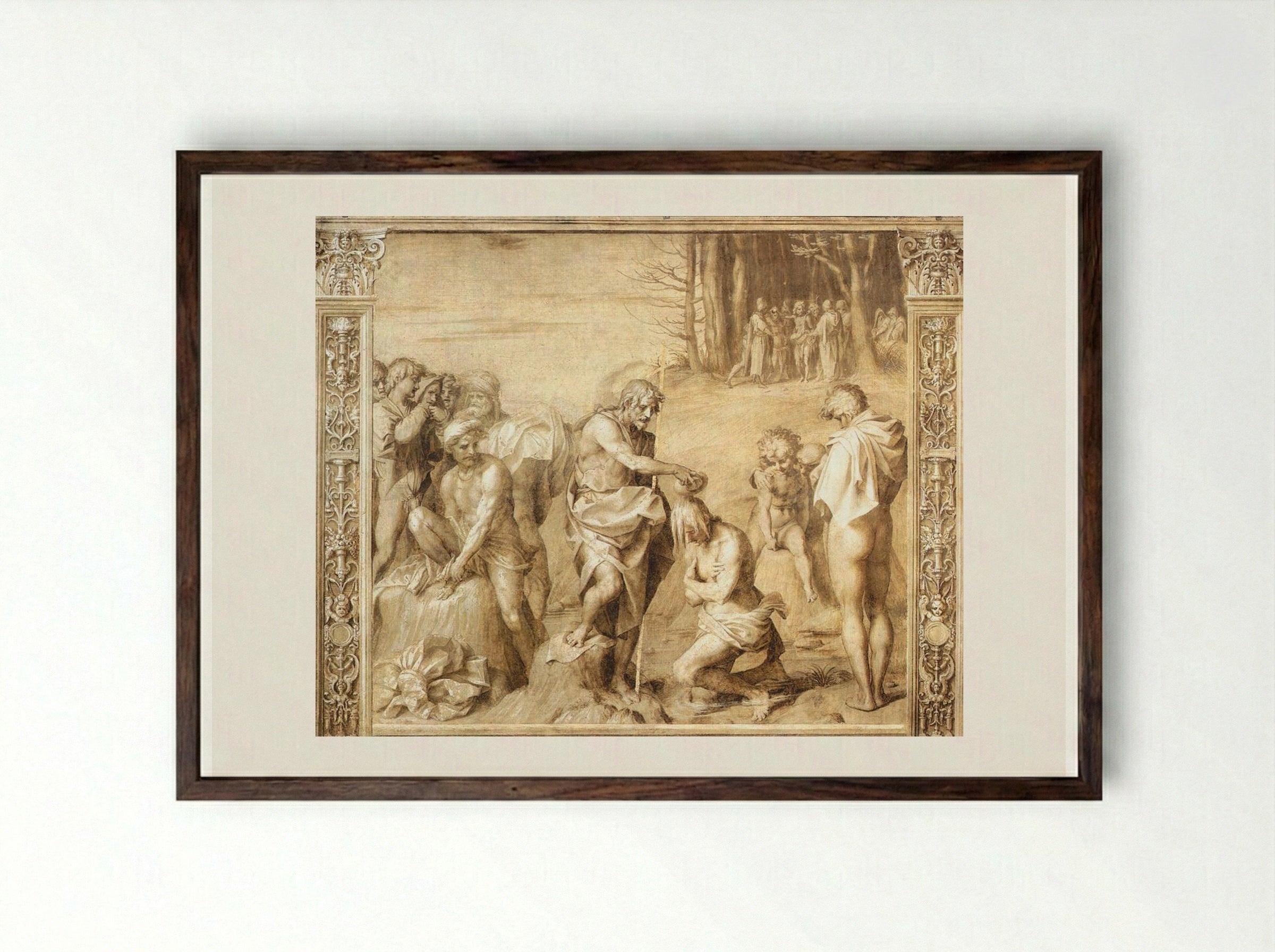 Baptism of the People - Andrea del Sarto - Framed Print Dark Wood