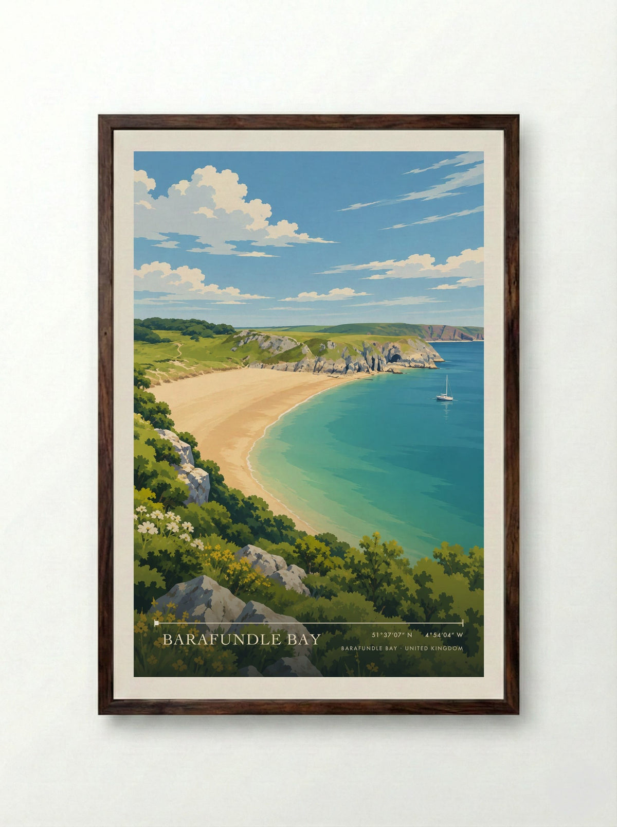 Barafundle Bay | Travel Poster - Framed Print Dark Wood