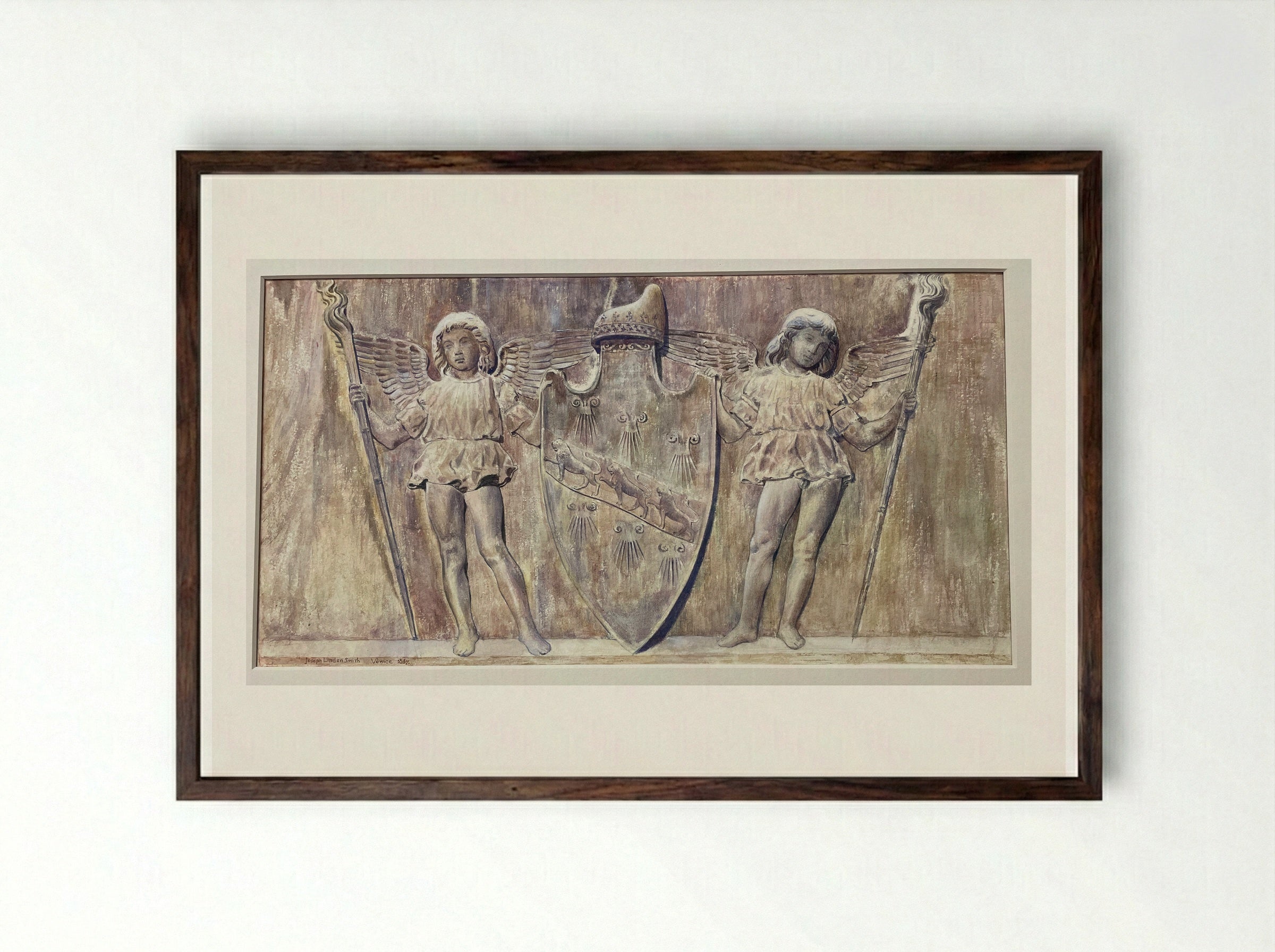 Barbarigo Escutcheon of Angels with Shield, after Pietro Lombardo - Joseph Lindon Smith - Framed Print Dark Wood