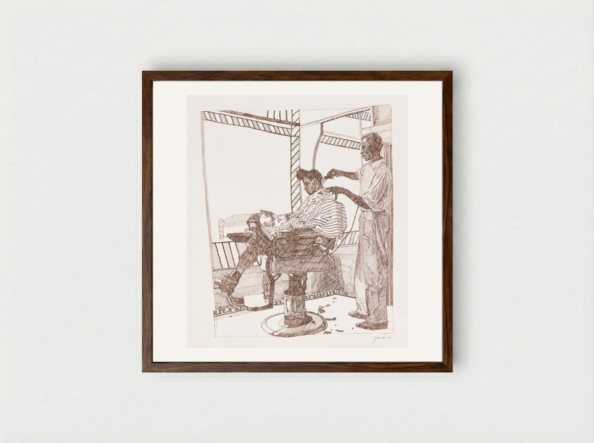 Barber & Customer - Richard Foster Yarde - Framed Print Dark Wood