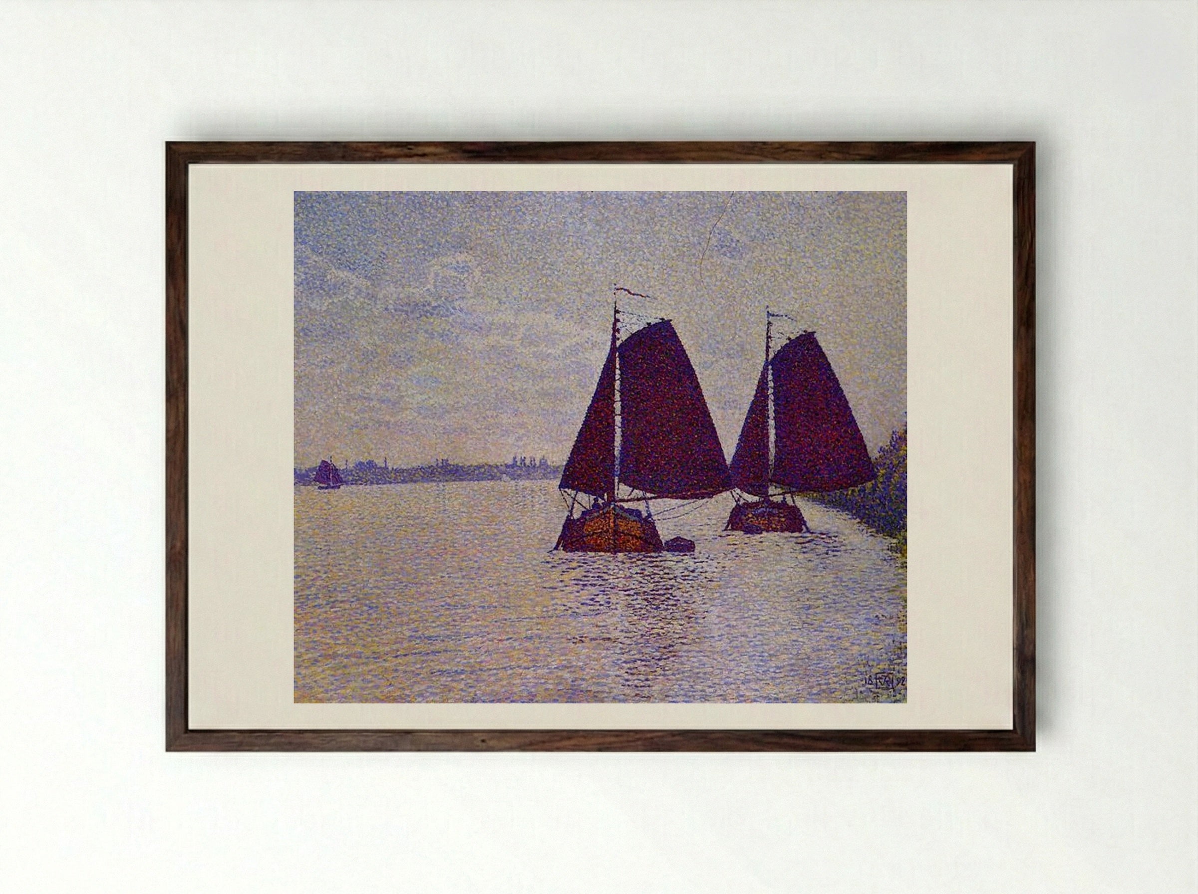Barges on the River Scheldt - Théo van Rysselberghe - Framed Print Dark Wood
