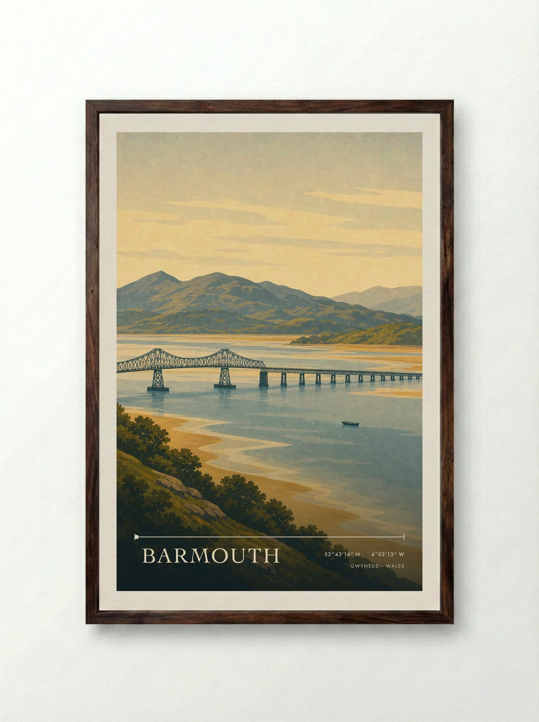 Barmouth Travel Poster Artwork - Framed Print Dark Wood