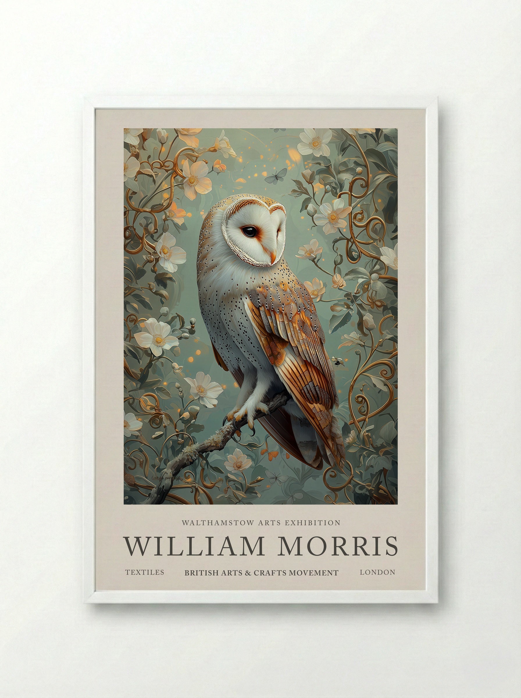 Barn Owl Whispering Wings - William Morris - Framed Print White