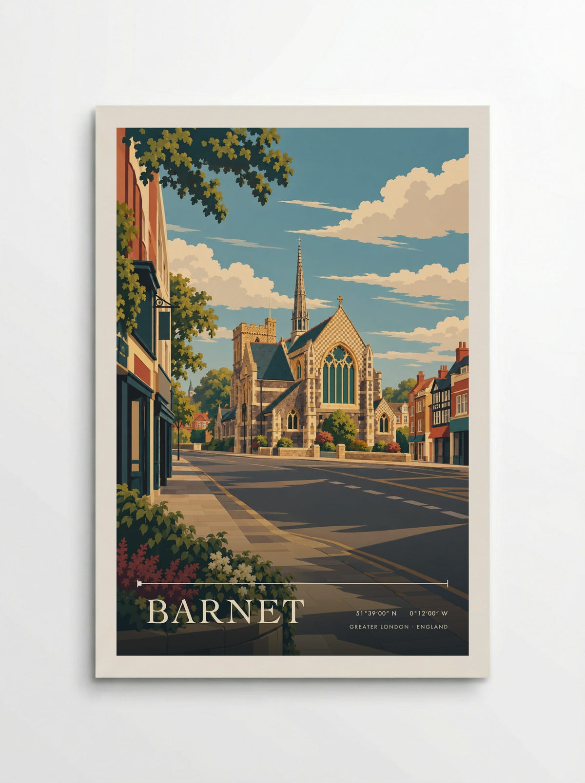 Barnet, Greater London travel poster: an ornate church spire, patterned stone walls and traditional brick facades beneath leafy trees and summer lig