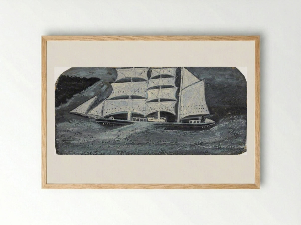 Barque with a Man at the Wheel on a Stormy Sea - Alfred Wallis - Framed Print Wood