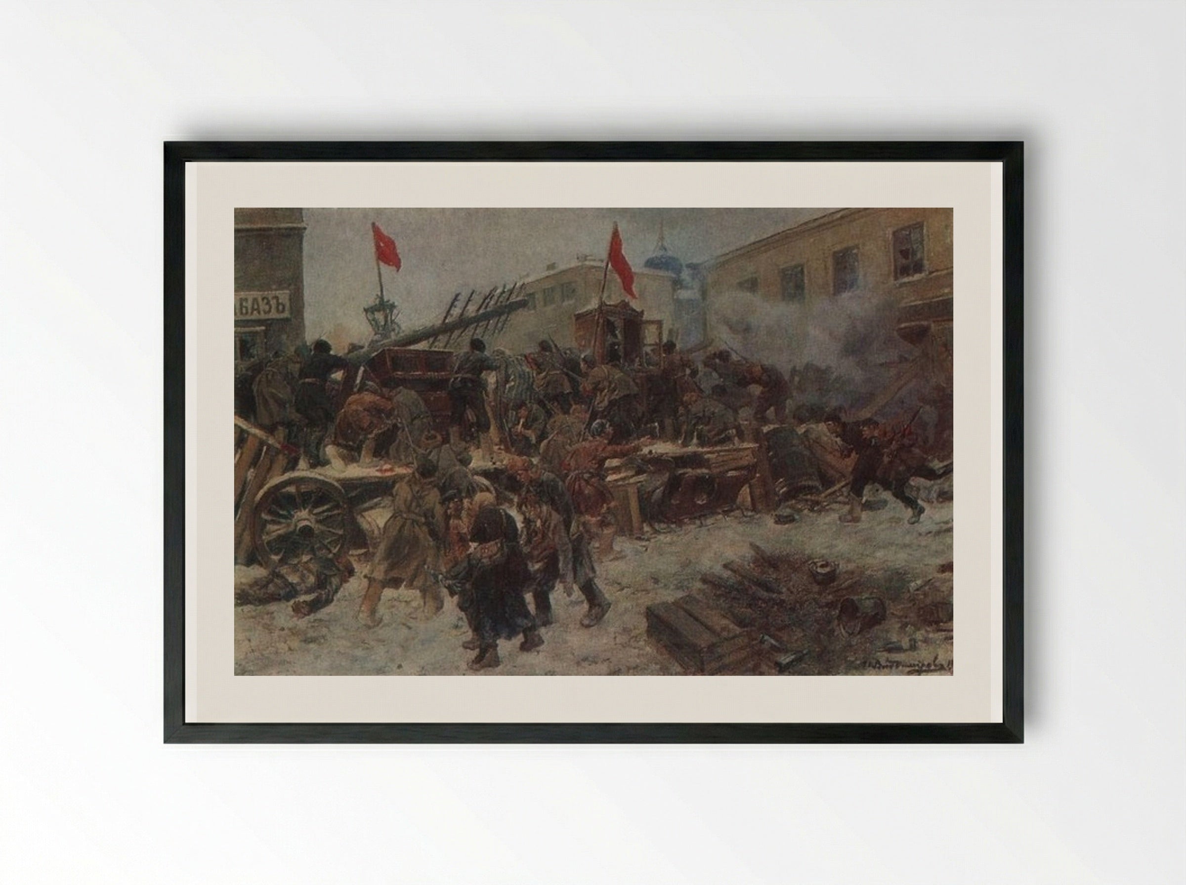 Barricade fighting in Red Presnya - Ivan Vladimirov - Framed Print Black