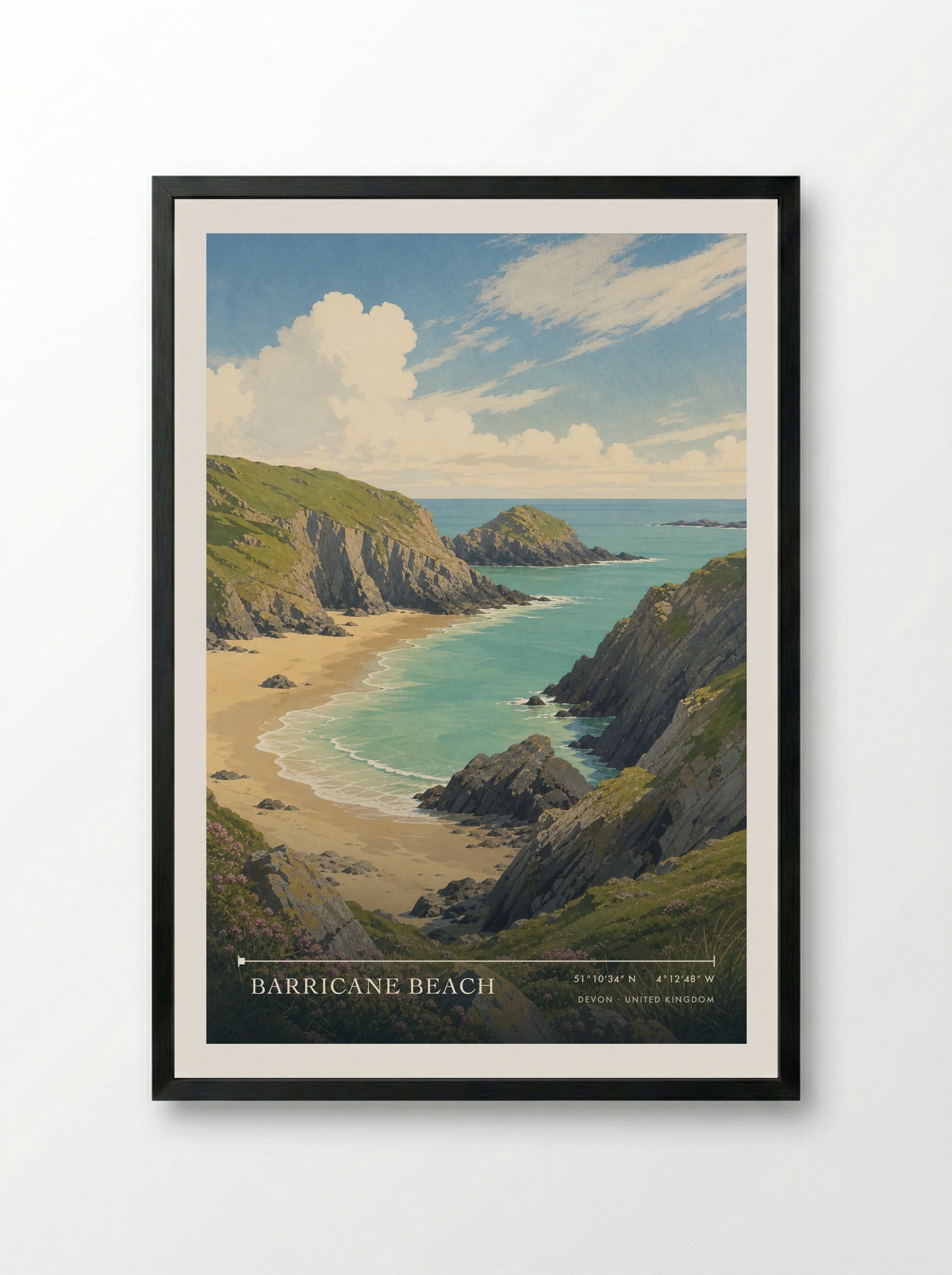 Barricane Beach Devon United Kingdom Travel Poster - Framed Print Black