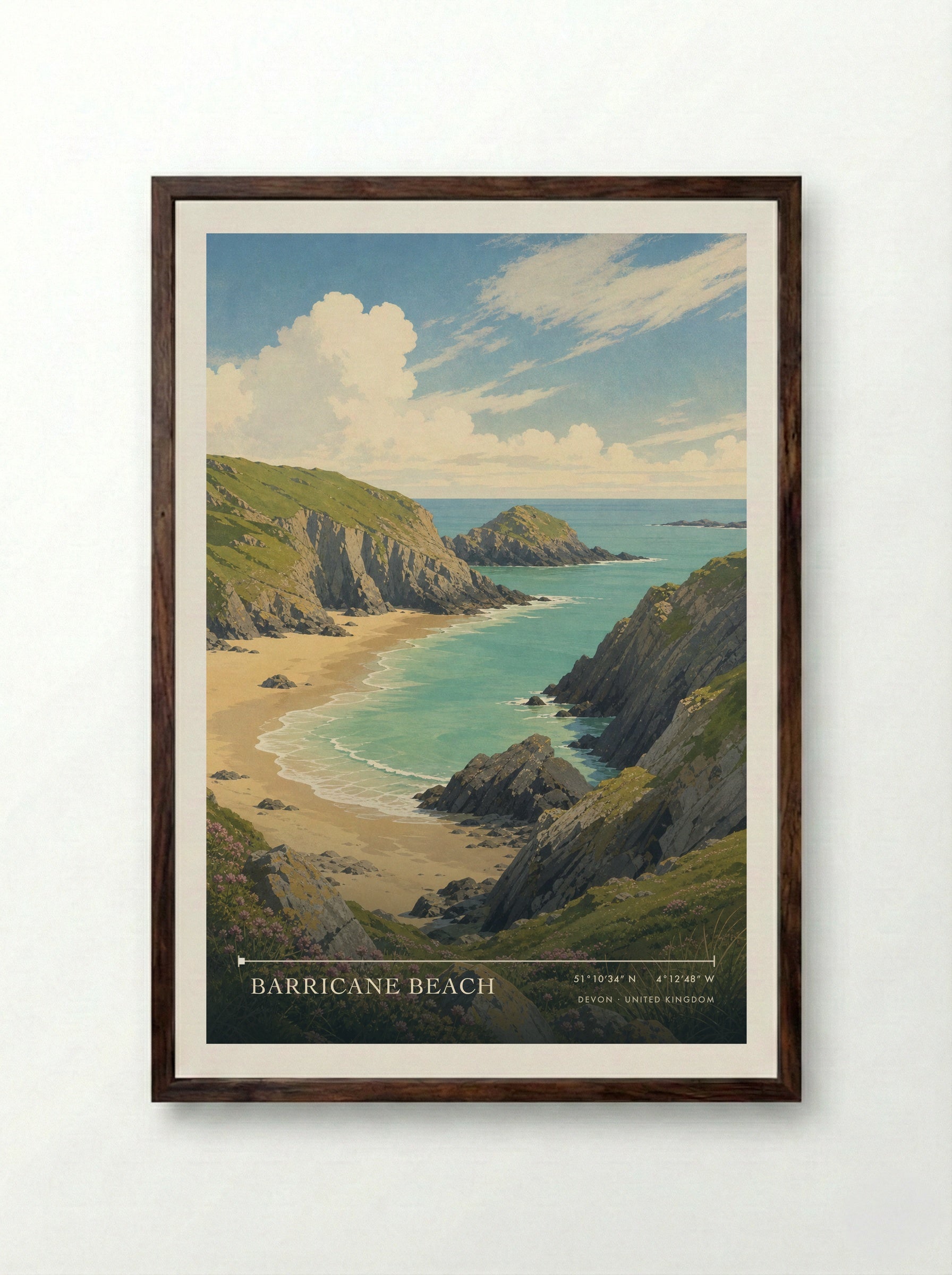 Barricane Beach Devon United Kingdom Travel Poster - Framed Print Dark Wood