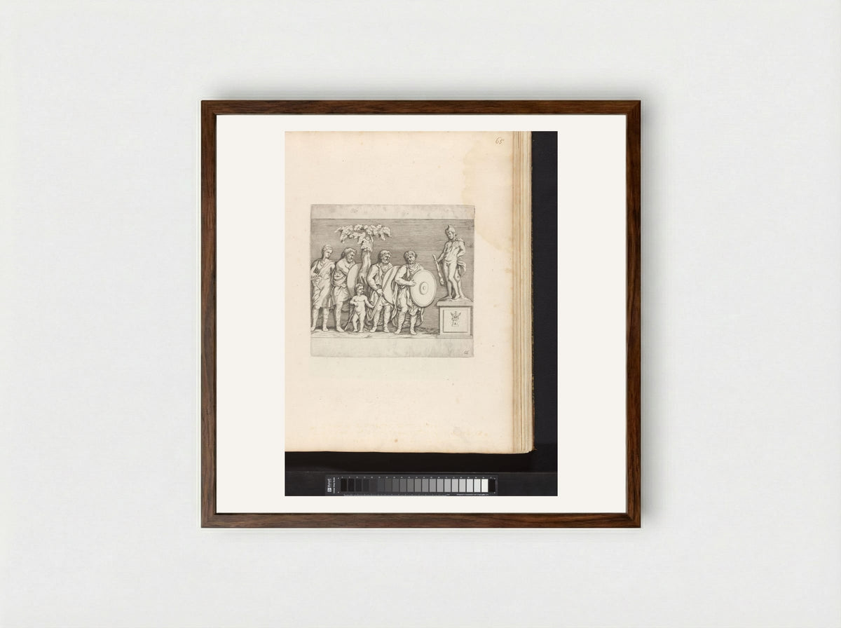 Bas-reliëf met vier soldaten en een paard - Johann Friedrich Greuter - Framed Print Dark Wood