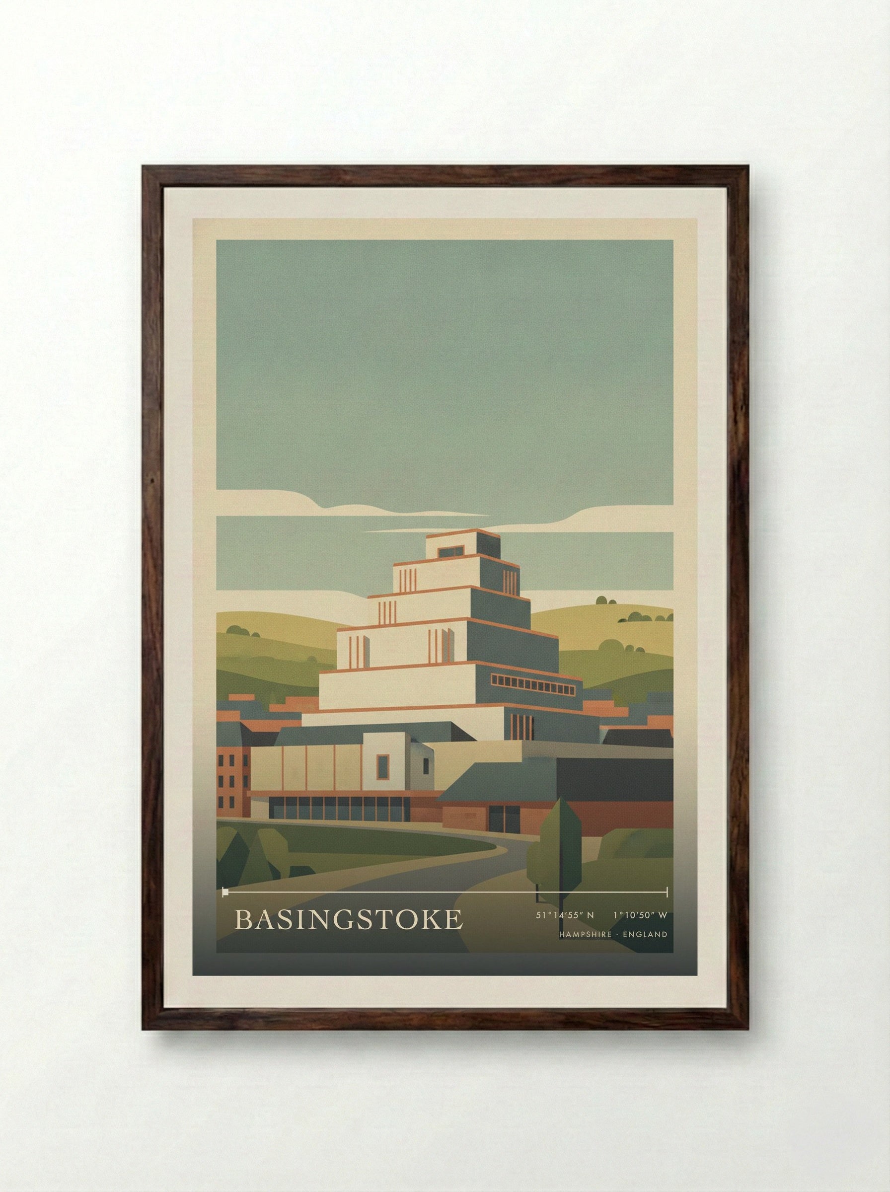 Basingstoke Hampshire England Travel Poster - Framed Print Dark Wood