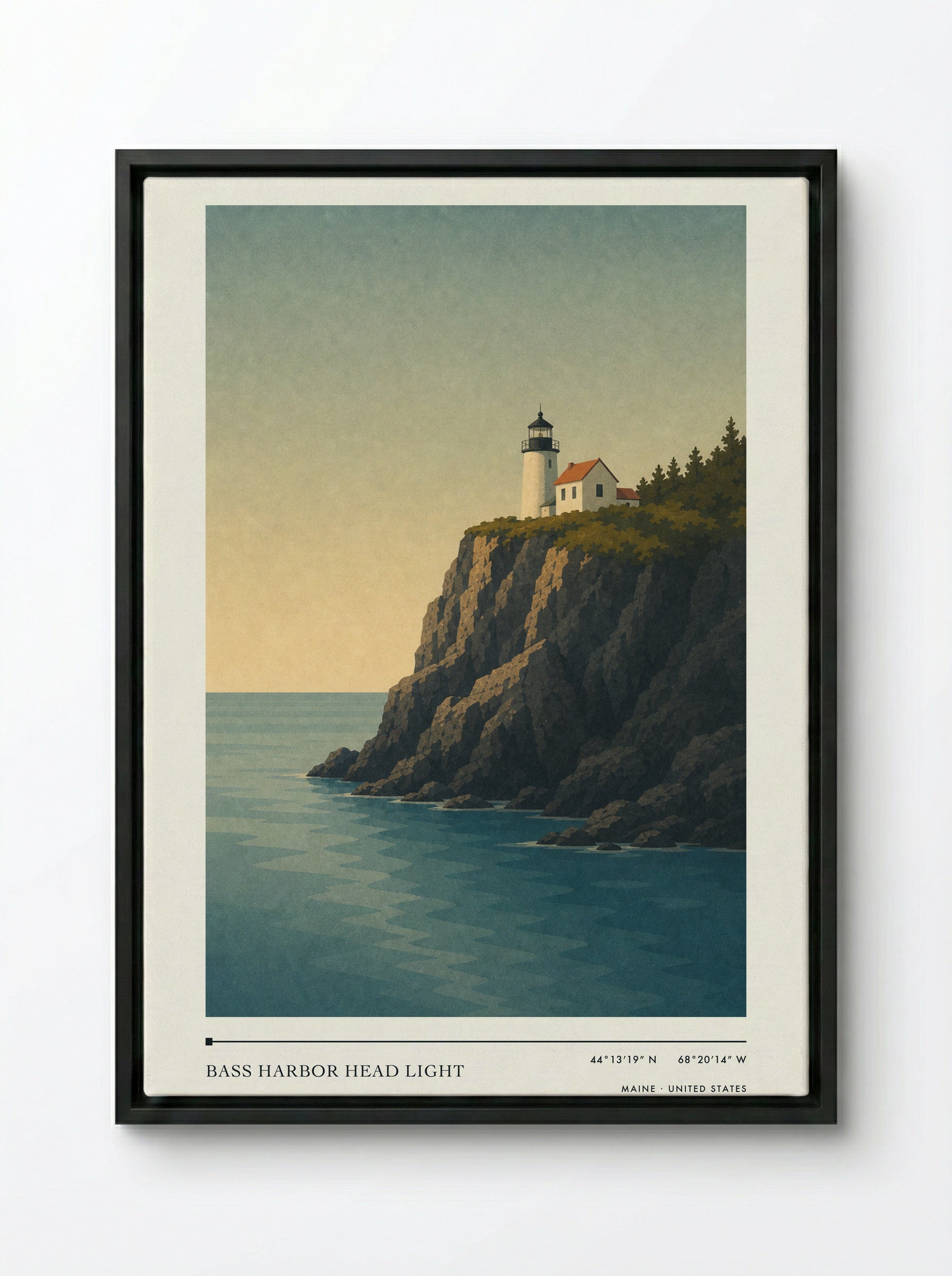 Bass Harbor Head Light Travel Poster Artwork - Framed Canvas Black