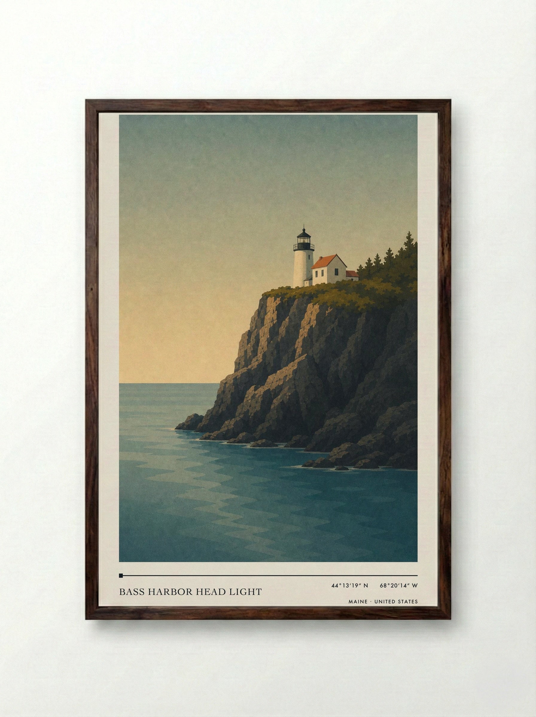 Bass Harbor Head Light Travel Poster Artwork - Framed Print Dark Wood