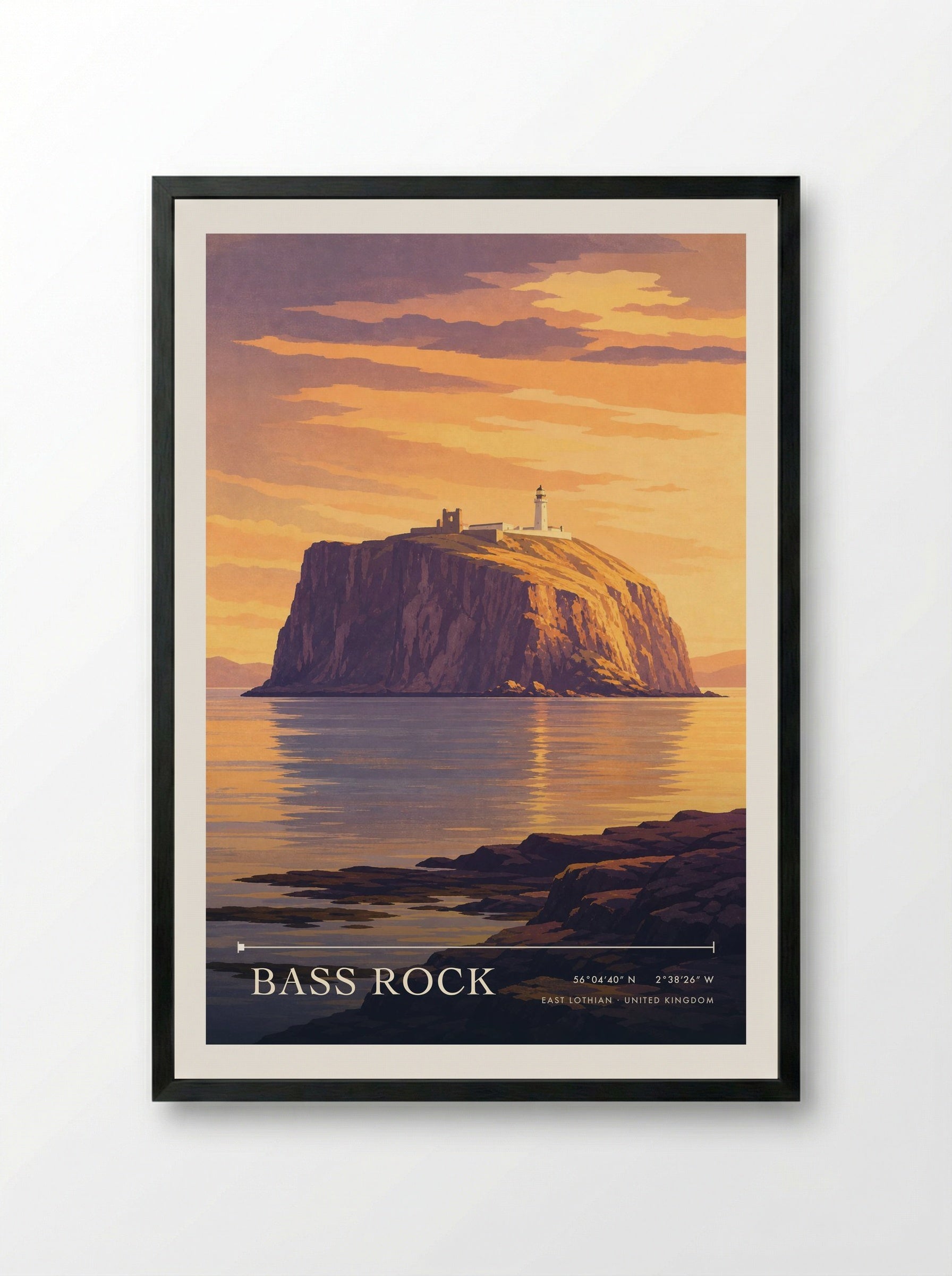 Bass Rock East Lothian United Kingdom Travel Poster - Framed Print Black