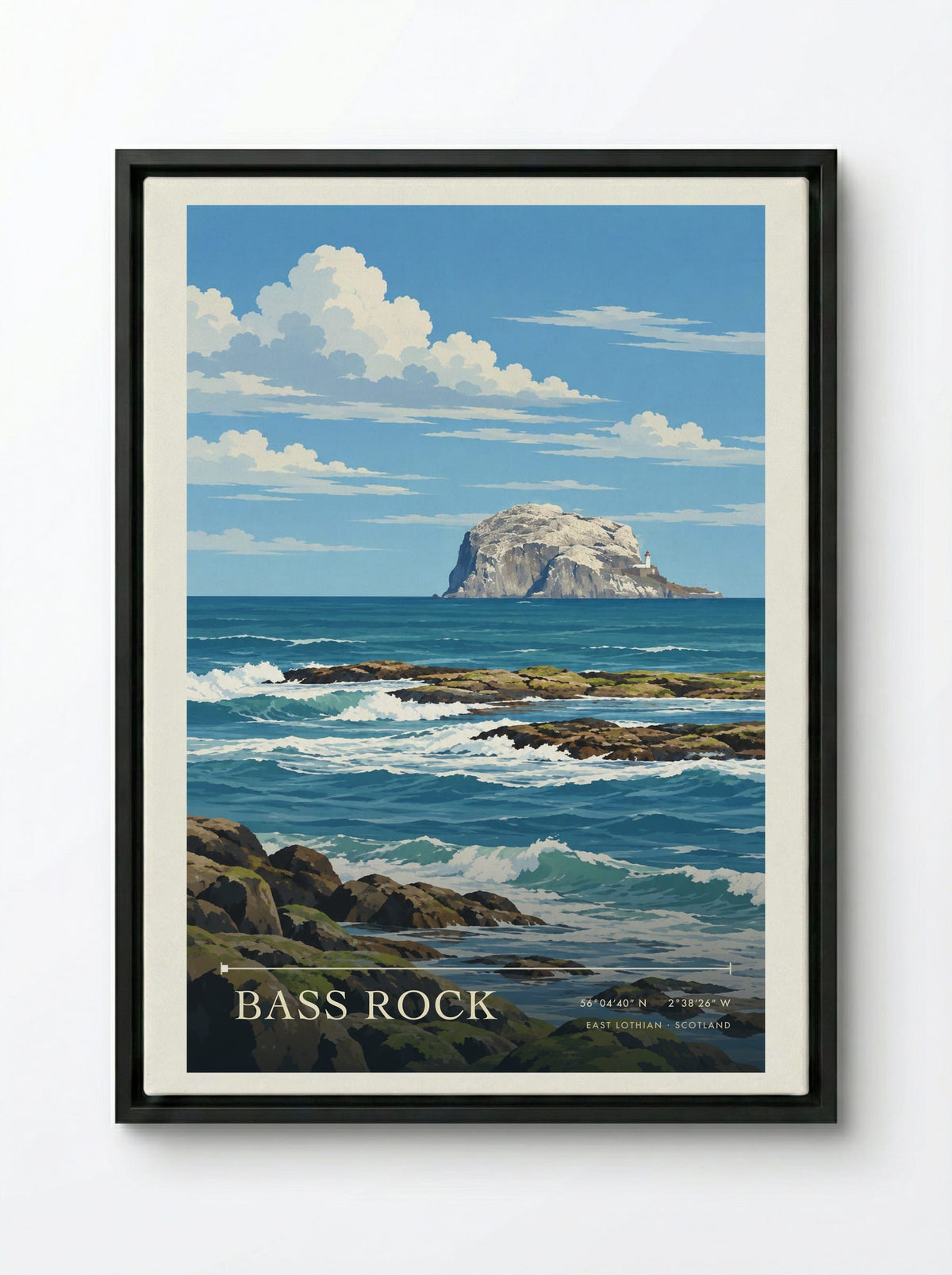 Bass Rock, East Lothian | Travel Poster - Framed Canvas Black