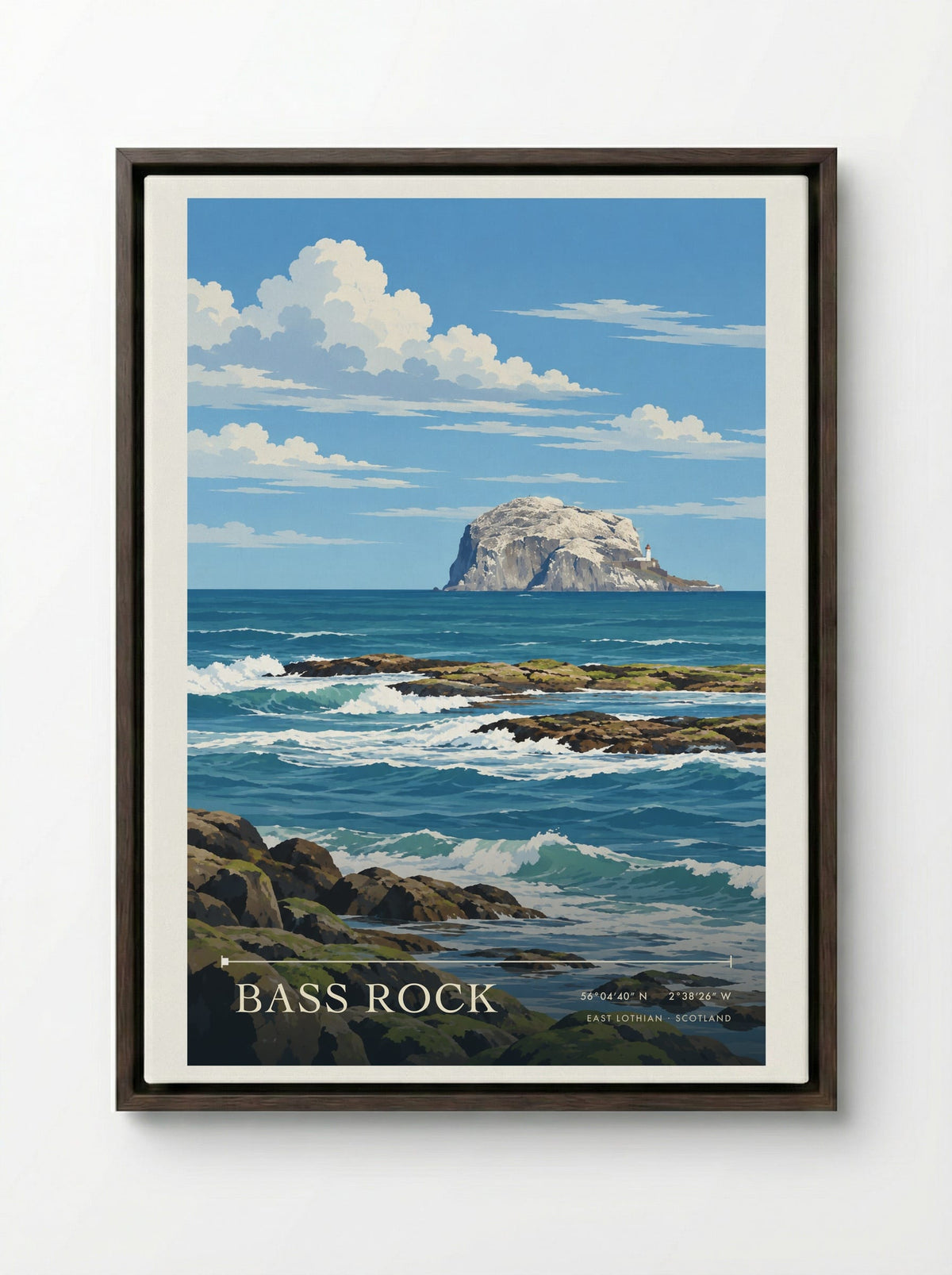 Bass Rock, East Lothian | Travel Poster - Framed Canvas Dark Wood