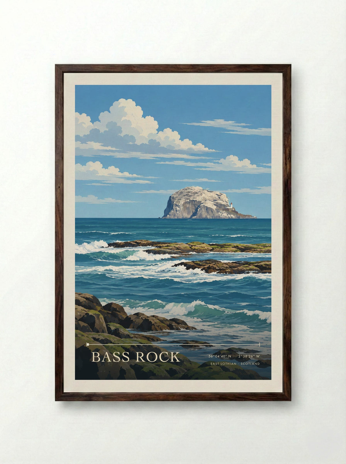 Bass Rock, East Lothian | Travel Poster - Framed Print Dark Wood