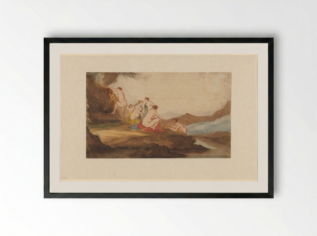 Bathing Women in a Landscape - Dirck van der Lisse - Framed Print Black