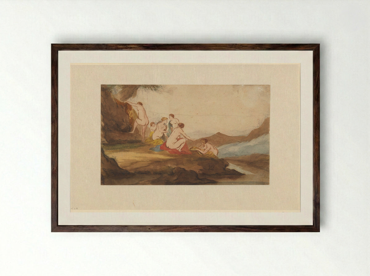 Bathing Women in a Landscape - Dirck van der Lisse - Framed Print Dark Wood