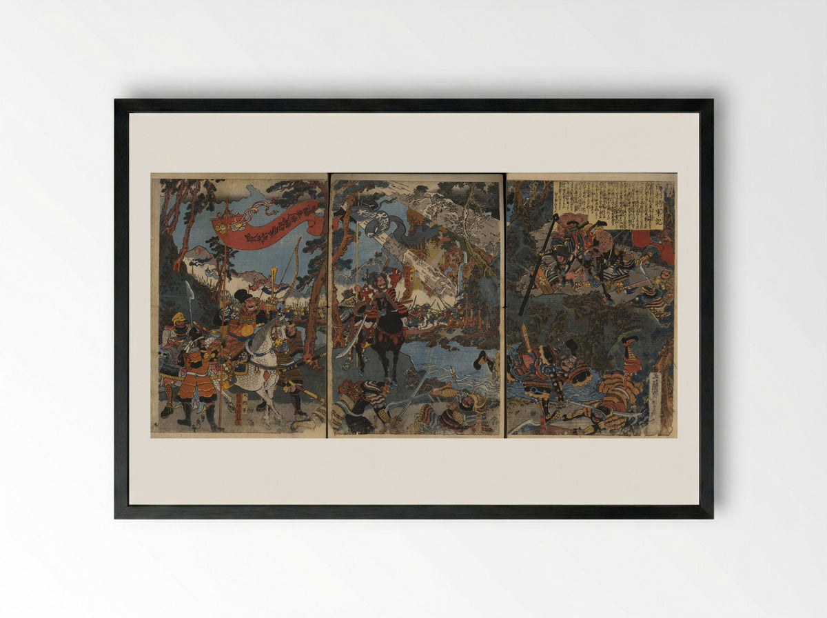Battle Scene (Triptych Woodblock Print) - Utagawa Sadahide - Framed Print Black