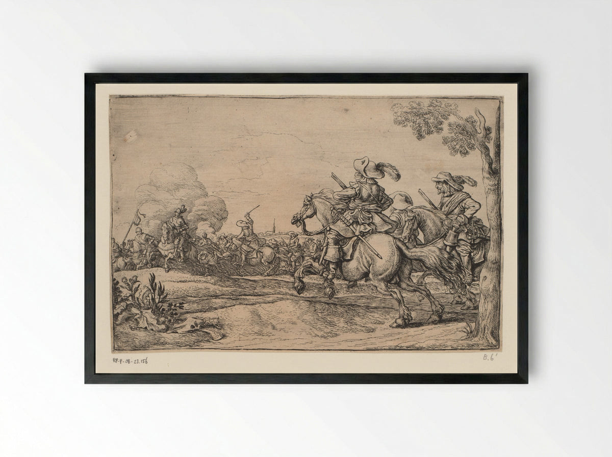 Battle Scene with Three Galloping Horsemen - Jan Martens de Jonge - Framed Print Black