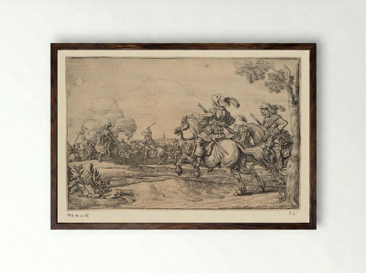 Battle Scene with Three Galloping Horsemen - Jan Martens de Jonge - Framed Print Dark Wood
