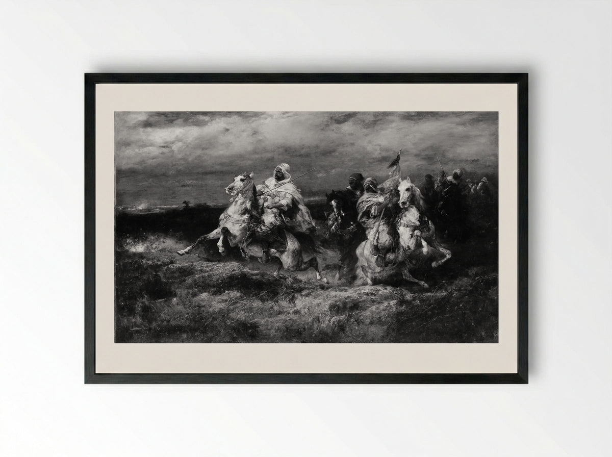 Battle Scene: Arabs Making a Detour - Adolf Schreyer - Framed Print Black