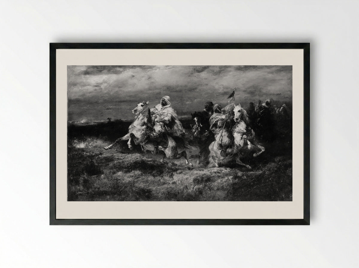 Battle Scene: Arabs Making a Detour - Adolf Schreyer - Framed Print Black