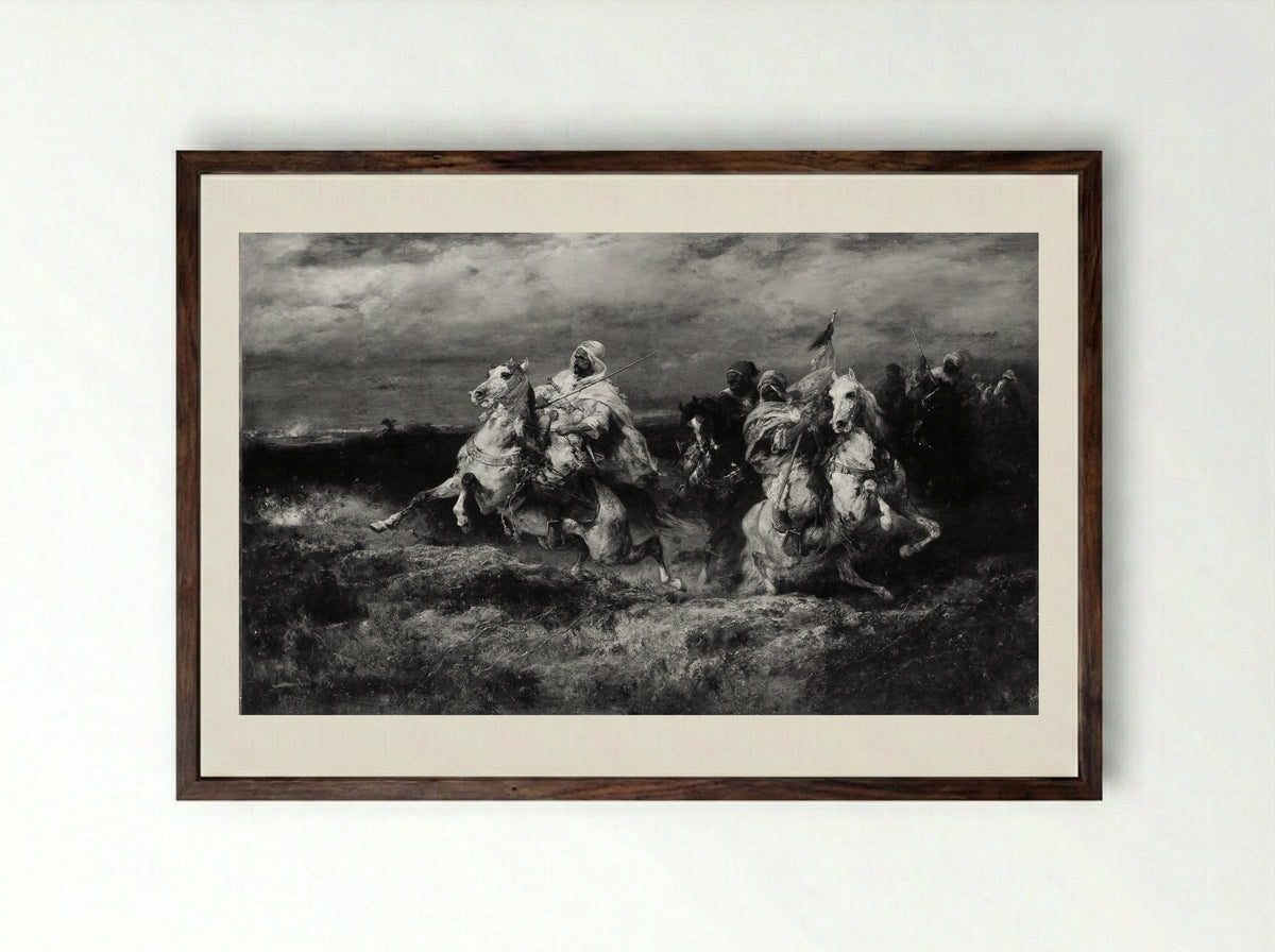 Battle Scene: Arabs Making a Detour - Adolf Schreyer - Framed Print Dark Wood