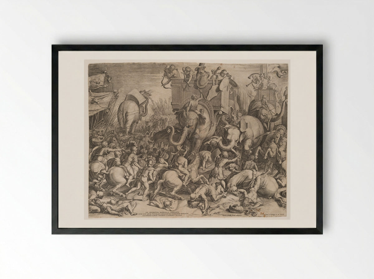 Battle of the Romans against Hannibal - Cornelis Cort - Framed Print Black
