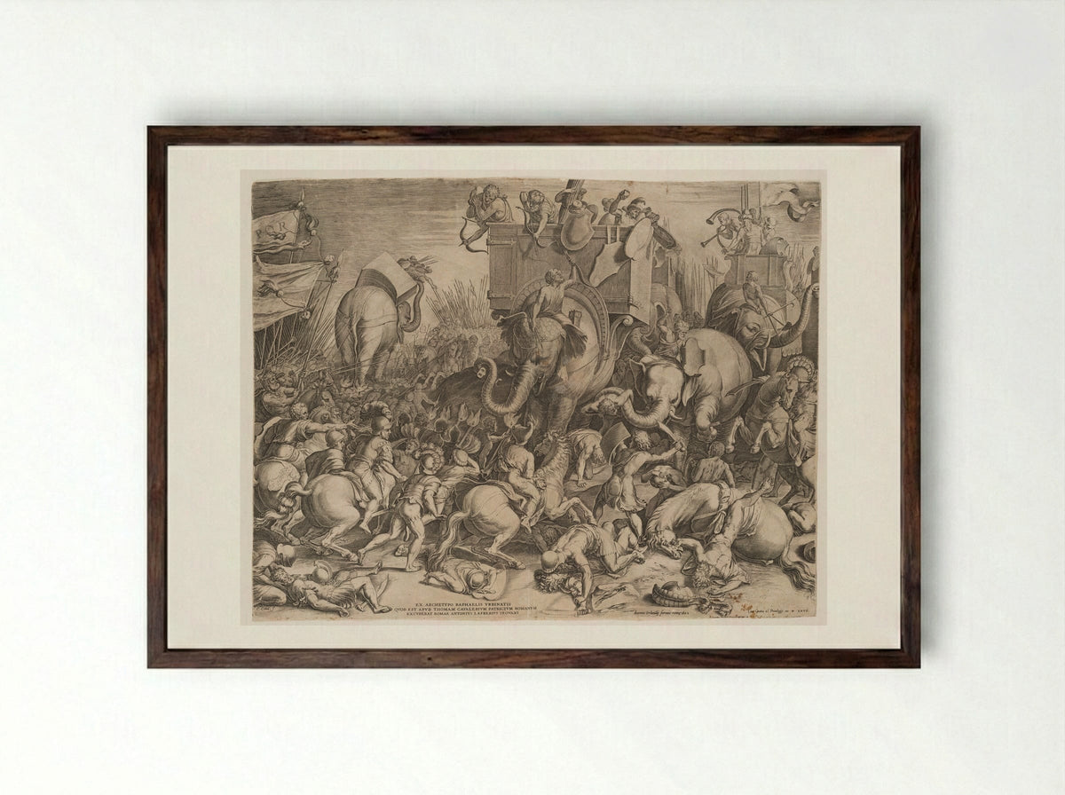Battle of the Romans against Hannibal - Cornelis Cort - Framed Print Dark Wood